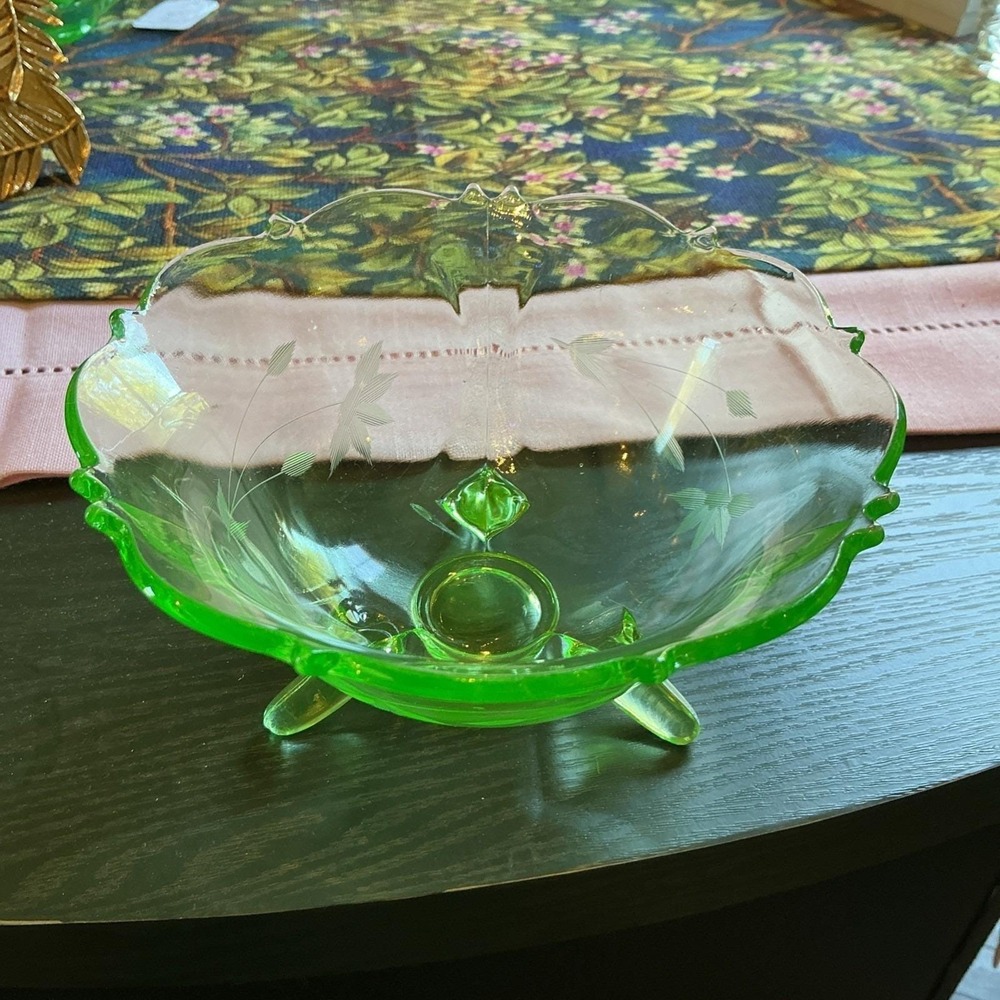 Vintage Lancaster 6" Uranium‎ Glass Three Footed  Serving Bowl Floral Etched